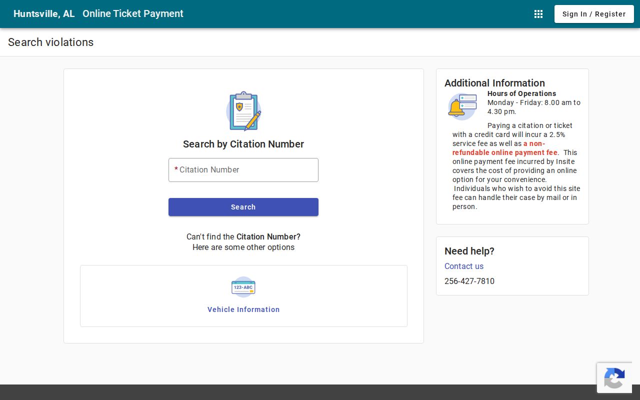 Huntsville Municipal Court citation search and payment fields