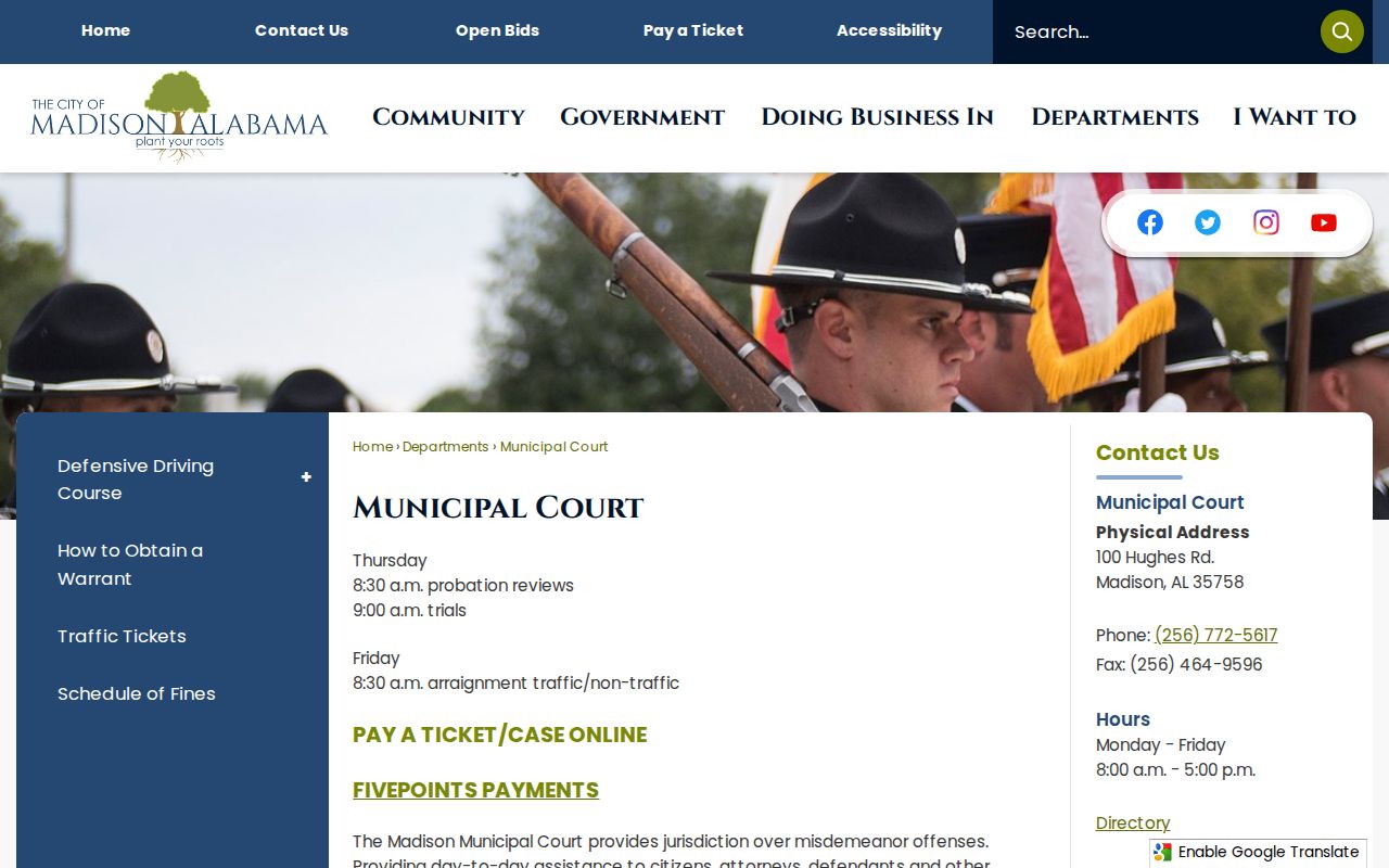 Madison Municipal Court official schedule and contact page