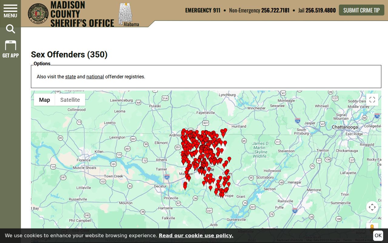 Madison County sex offender search list and map interface