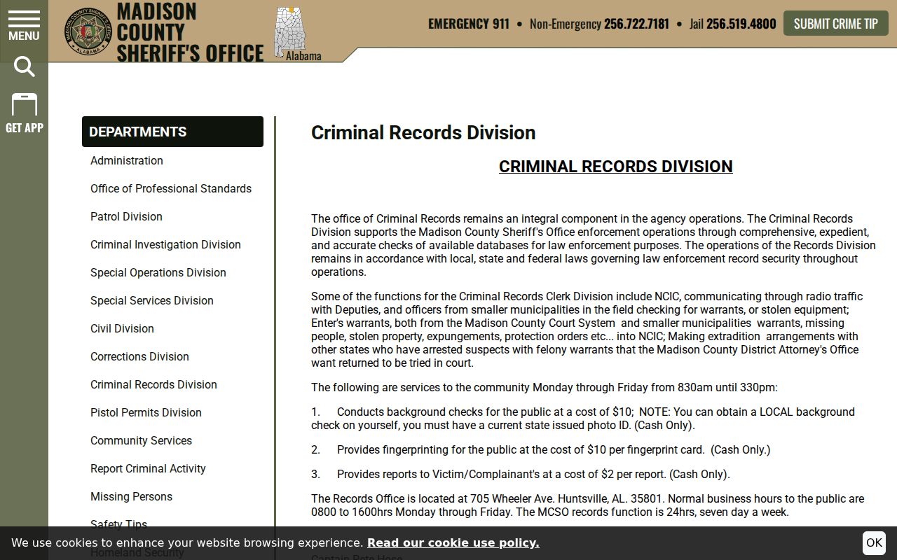 Madison County arrest records division services and fees
