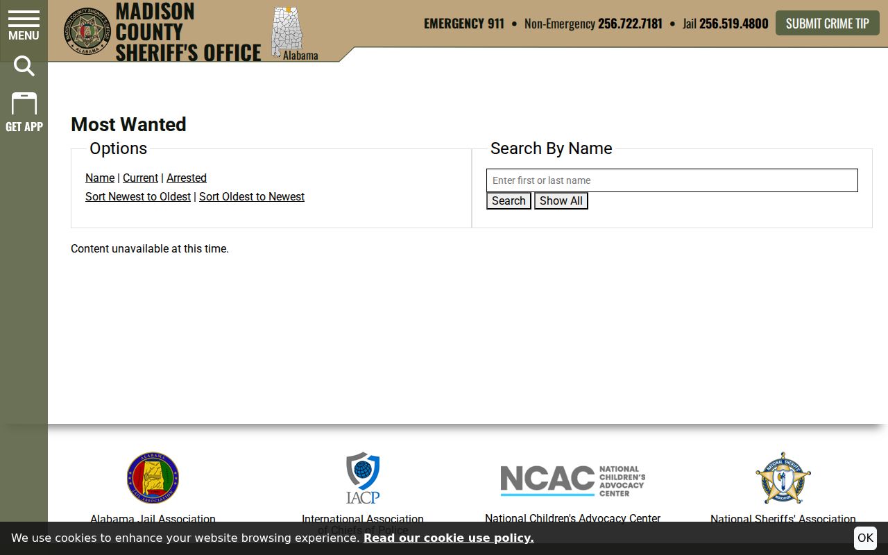 Madison County warrant record Most Wanted page